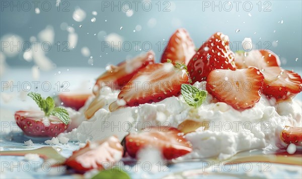 Cottage cheese with sliced strawberries and honey on a light blue background AI generated