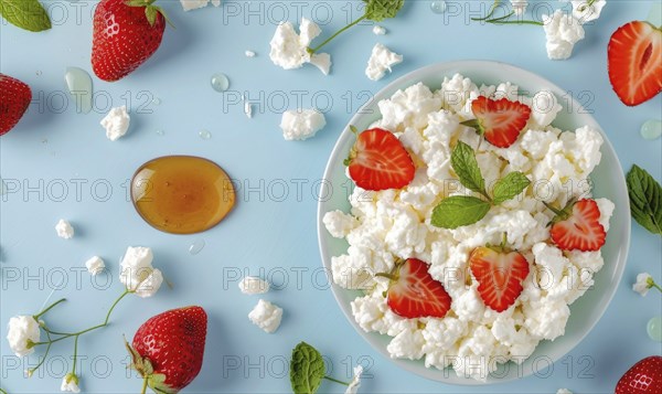 Cottage cheese with sliced strawberries and honey on a light blue background AI generated