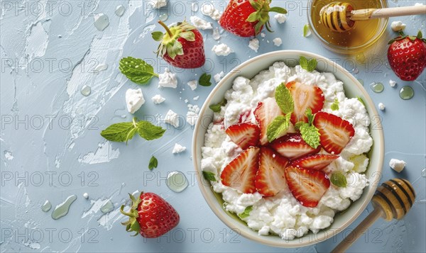 Cottage cheese with sliced strawberries and honey on a light blue background AI generated