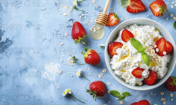 Cottage cheese with sliced strawberries and honey on a light blue background AI generated