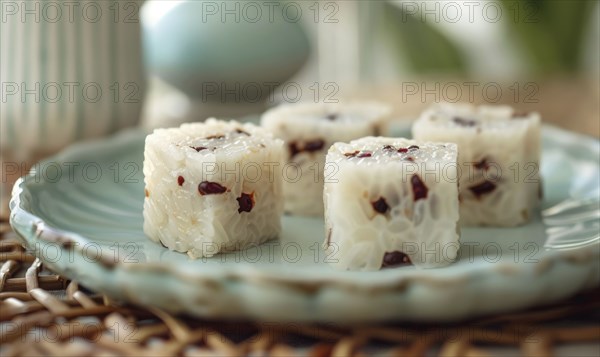 Chinese sweet rice cakes with red bean on a pastel green plate AI generated
