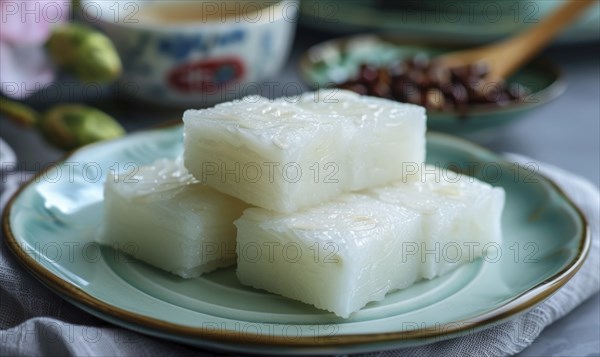 Chinese sweet rice cakes with red bean on a pastel green plate AI generated