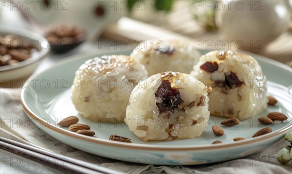 Chinese sweet rice cakes with red bean on a pastel green plate AI generated