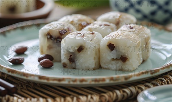Chinese sweet rice cakes with red bean on a pastel green plate AI generated