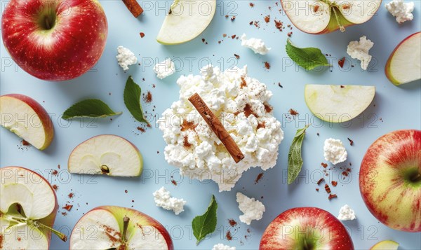 Apple slices with cottage cheese and cinnamon on a light blue background AI generated
