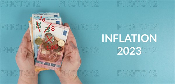 Inflation, financial crash, euro banknotes, economy development and increasing prices, high living