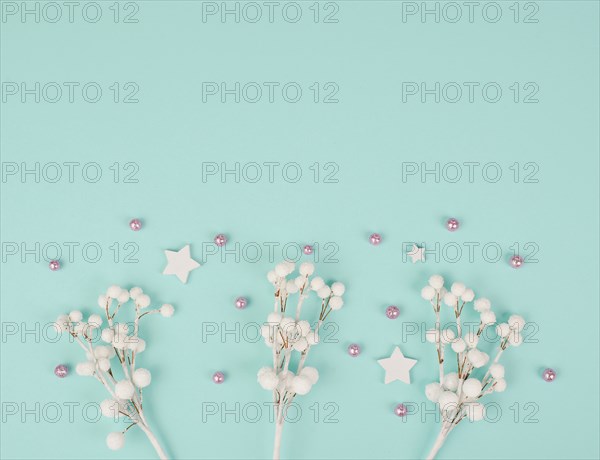 Snow covered berries, rose colored baubles, christmas holiday and new year background, wintertime