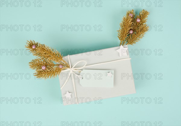 Present box with a blank tag, golden fir branches, christmas holiday wintertime
