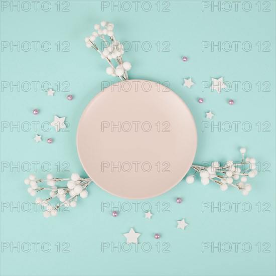 Empty plate, snow covered berries, rose colored baubles, christmas holiday and new year, festive