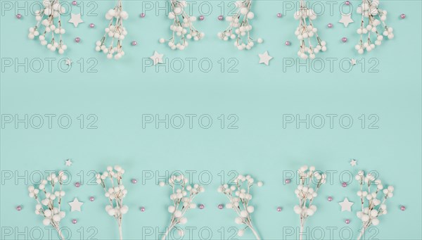 Snow covered berries, rose colored baubles, christmas holiday and new year background, wintertime
