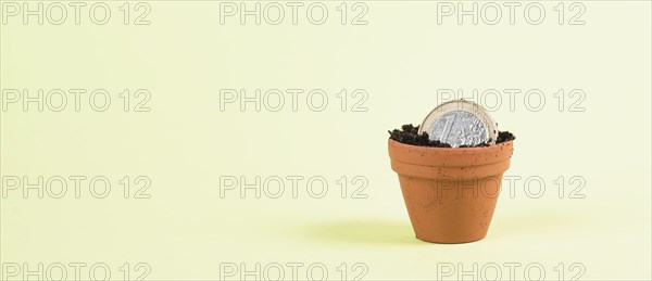 One Euro coin in small flowerpot, money growing, financial planning, profitable investment, hope