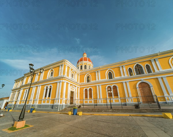 View of a colorful colonial church. Architectural details of a colorful colonial cathedral