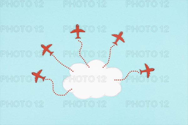 Red airplanes flying out of a cloud, brainstorming for ideas in a team, startup in business, having