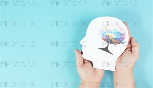 Holding a head with a colorful tree in the hands, symbol for creativity, connection to nature and