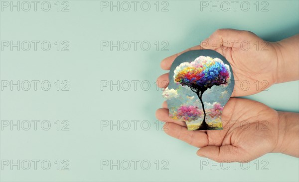Holding a head with a colorful tree in the hands, symbol for creativity, connection to nature and