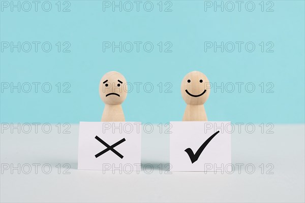Men holding signs with a check mark and a cross, business and education concept, happy and sad