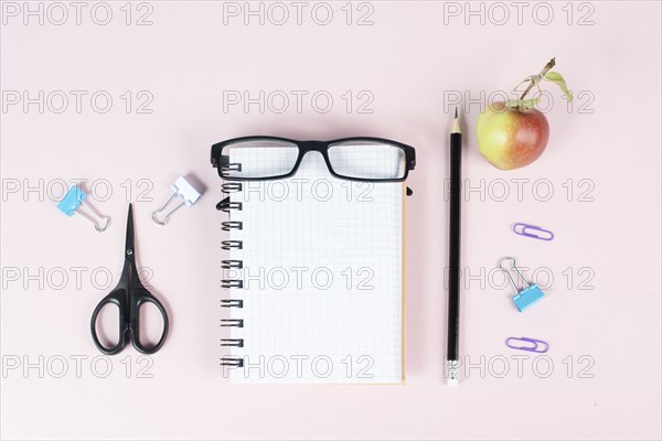 Empty notebook with a pen, eyeglasses and an apple on a pastel colored desk, brainstorming for new