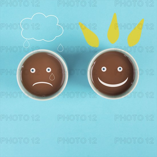 Cup of coffee with a sad and a happy face, positive and negative mindset, support and evaluation