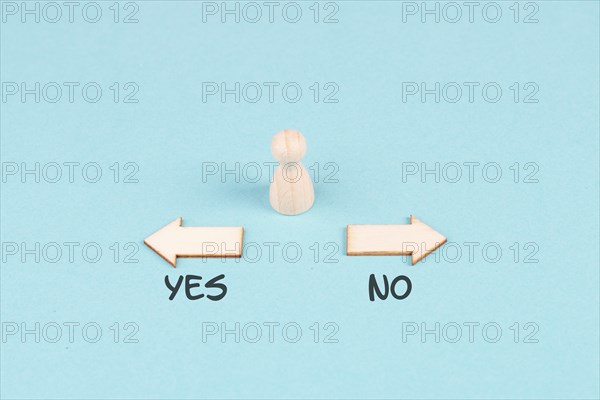 Men stands in front of two arrow with the words yes and no, making a decision, asking questions,
