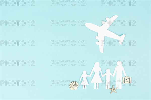 Family is going on vacation with an airplane, taking a flight for a summer holiday, greeting card,