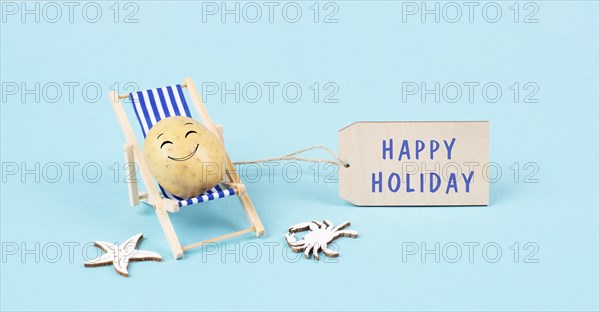 Potato with a funny face is sitting in lounge chairs, sign with the words happy holiday, greeting