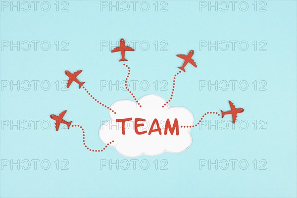 Red airplanes flying out of a cloud, brainstorming for ideas in a team, startup in business, having
