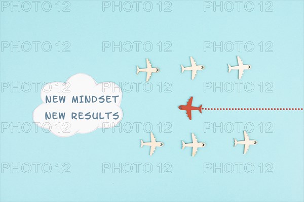 Red airplane is flying to the cloud with the words new mindset new results, changing lifestyle,
