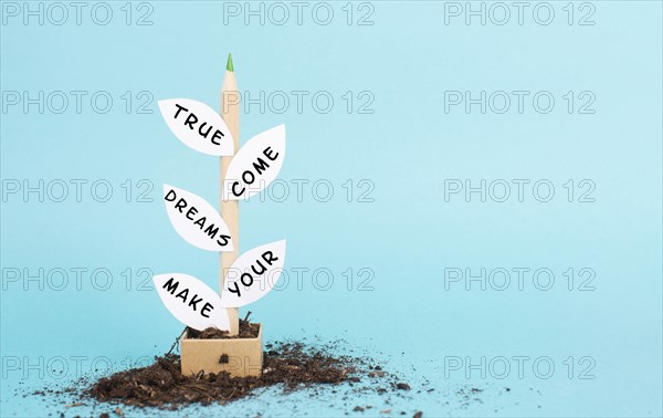 The phrase make your dreams come true is standing on the leaves of the plant, futuristic vision,