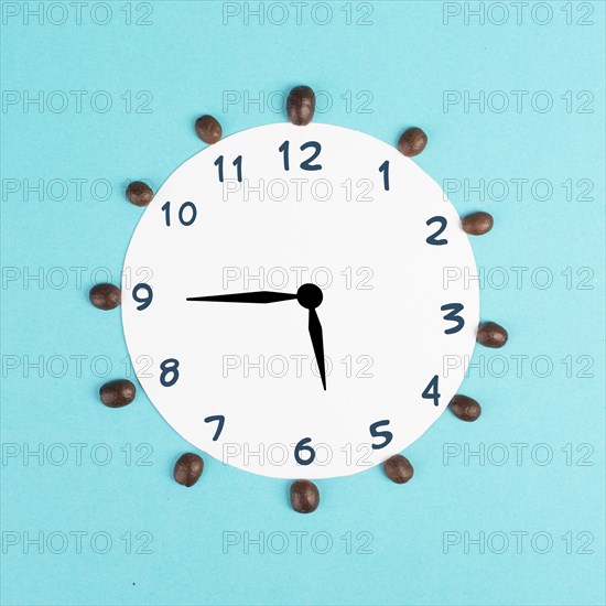 Alarm clock with numbers and coffee beans, wake up in the morning, having a deadline, time for a