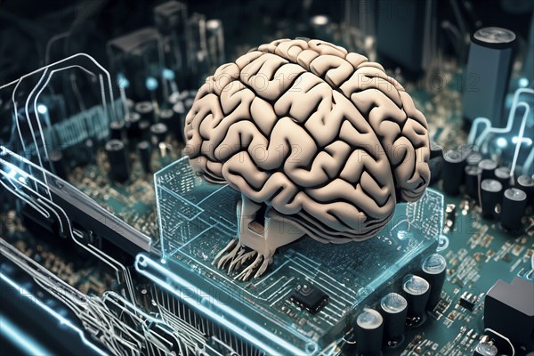 Human brain, connected to circuits of a computer board, symbol artificial intelligence, AI