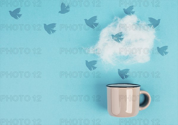 Cup of coffee with a steam cloud, birds flying to the sky, pastel colors, brainstorming for ideas,