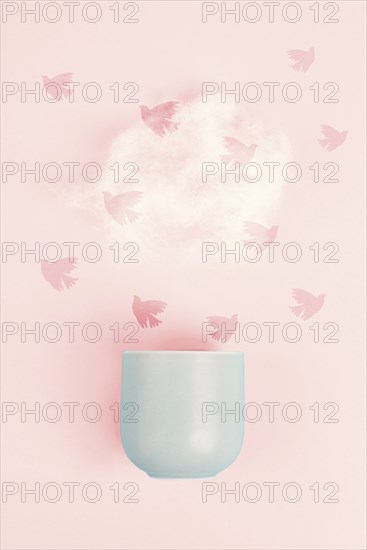 Cup of coffee with a steam cloud, birds flying to the sky, pastel colors, brainstorming for ideas,