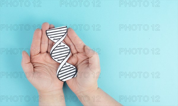 Holding a DNA strand in the hand, genetic therapy and treatment, biotechnology in mordern medicine,