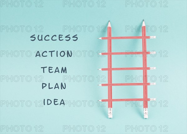 Ladder of success, having an idea, planning a strategy, teamwork for success step by step concept,