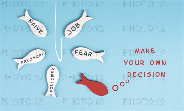 Group of fishes with words like fear, pressure, follower swimming to the fishing rod, red fish