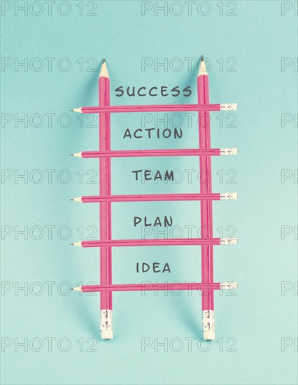Ladder of success, having an idea, planning a strategy, teamwork for success step by step concept,