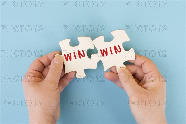 The word win is standing on puzzle parts, problem solving, winner mindset, business and education