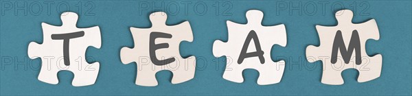 The word team is standing on puzzle pieces, connect the parts together, corporate in teamwork,