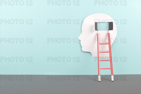 Silhouette of a man, window to the brain, ladder of success, open minded, brainstorming for ideas,