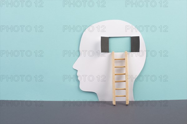 Silhouette of a man, window to the brain, ladder of success, open minded, brainstorming for ideas,