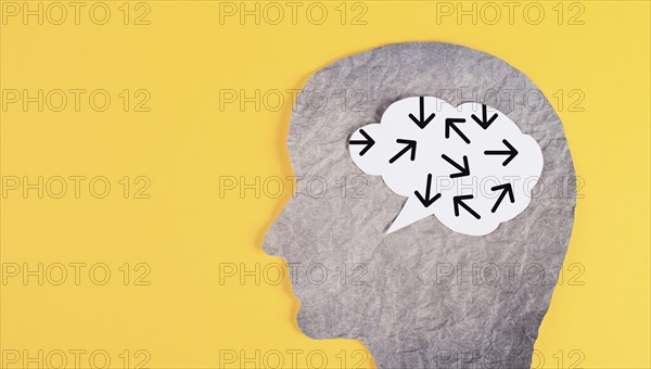 Think different, yellow background, head with brain, being a nonconformist, standing out from the