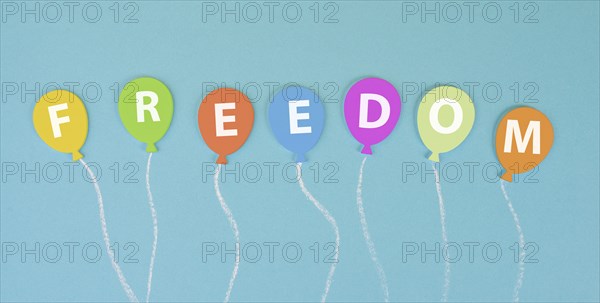 The word freedom is standing on ballons, new normal, covid-19 regulations, changing lifestyle, free