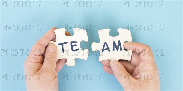 The word team is standing on puzzle pieces, connect the parts together, corporate in teamwork,
