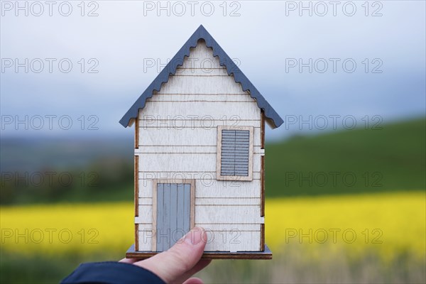 Wooden house in a meadow, buying or renting a house in nature, real estate concept, booking home