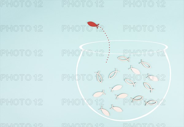 One fish is the leader of the group, leadership and teamwork concept, be a winner, success and