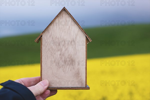 Wooden house in a meadow, buying or renting a house in nature, real estate concept, booking home