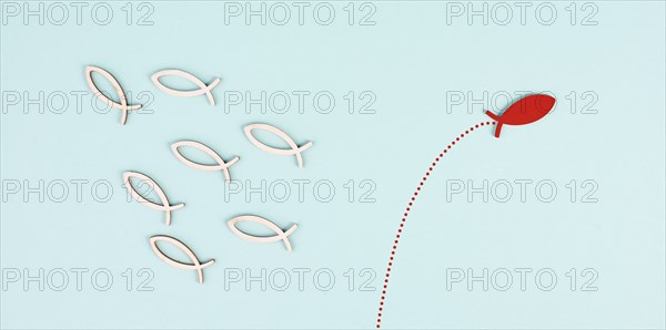 One fish is the leader of the group, leadership and teamwork concept, be a winner, success and