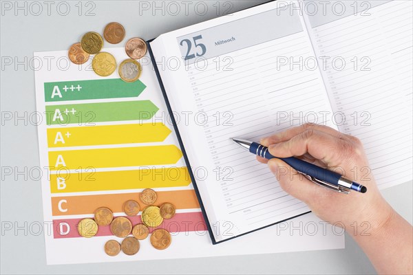 Empty paper, Euro money coins, power consumption grafic, increasing electricity costs, green