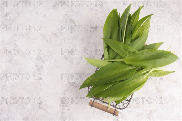 Pesto made from wild garlic, pine nuts and feta cheese in a glass, with fresh leaves on a textured