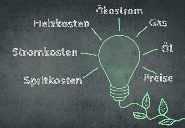 Green colored light bulb with a plant cable, words like fuel costs, electricity, oil price are